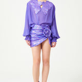 Lilac Fully Sequined Draped Mini Skirt With Flower Detail