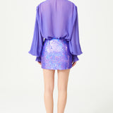 Lilac Fully Sequined Draped Mini Skirt With Flower Detail