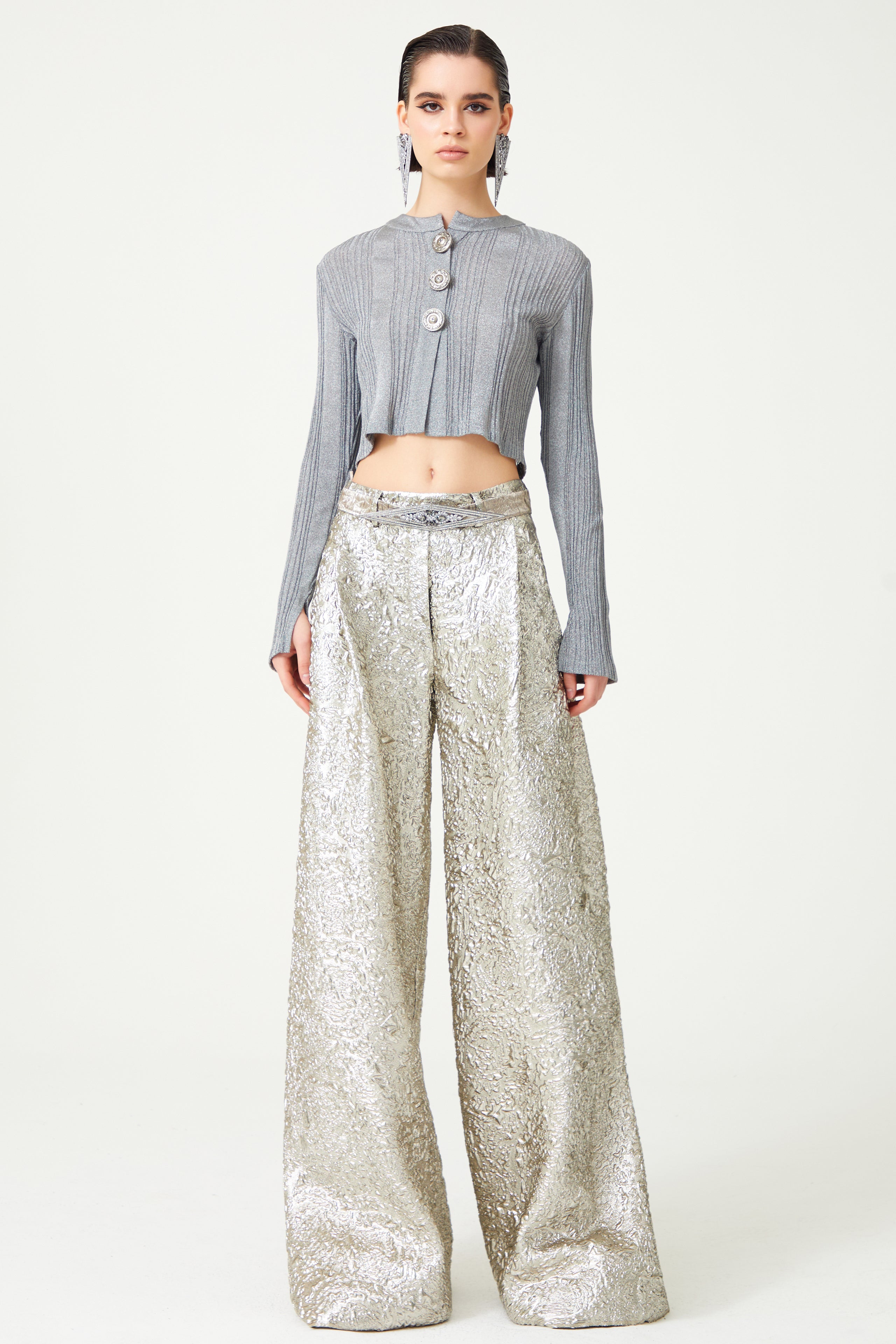 Glitter Knit Crop Cardigan With Metallic Buttons