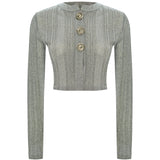 Glitter Knit Crop Cardigan With Metallic Buttons