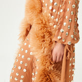 Beige Handmade Gold Polka Dot Detailed Silk Chiffon Blouse Long In The Back With Organza Flower Details