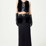 Black Satin Maxi Skirt With Gold Buckle Detail