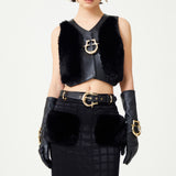 Black Leather Furred Mini Vest With Gold Buckle Detail