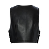 Black Leather Furred Mini Vest With Gold Buckle Detail