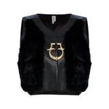 Black Leather Furred Mini Vest With Gold Buckle Detail