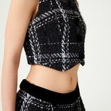 Black & White Plaid Sequin Embellished Tweed Crop Vest