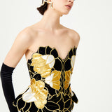 Gold Flower Brouded Jaquard Strapless Top