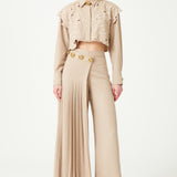 Beige Wide Pants With Pleated Skirt Detail