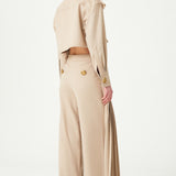 Beige Wide Pants With Pleated Skirt Detail