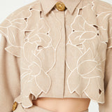 Beige Flower Embroidered Short Shirt