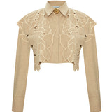 Beige Flower Embroidered Short Shirt