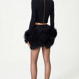 Black Knit Mini Skirt With Organza Puffy Flower Details