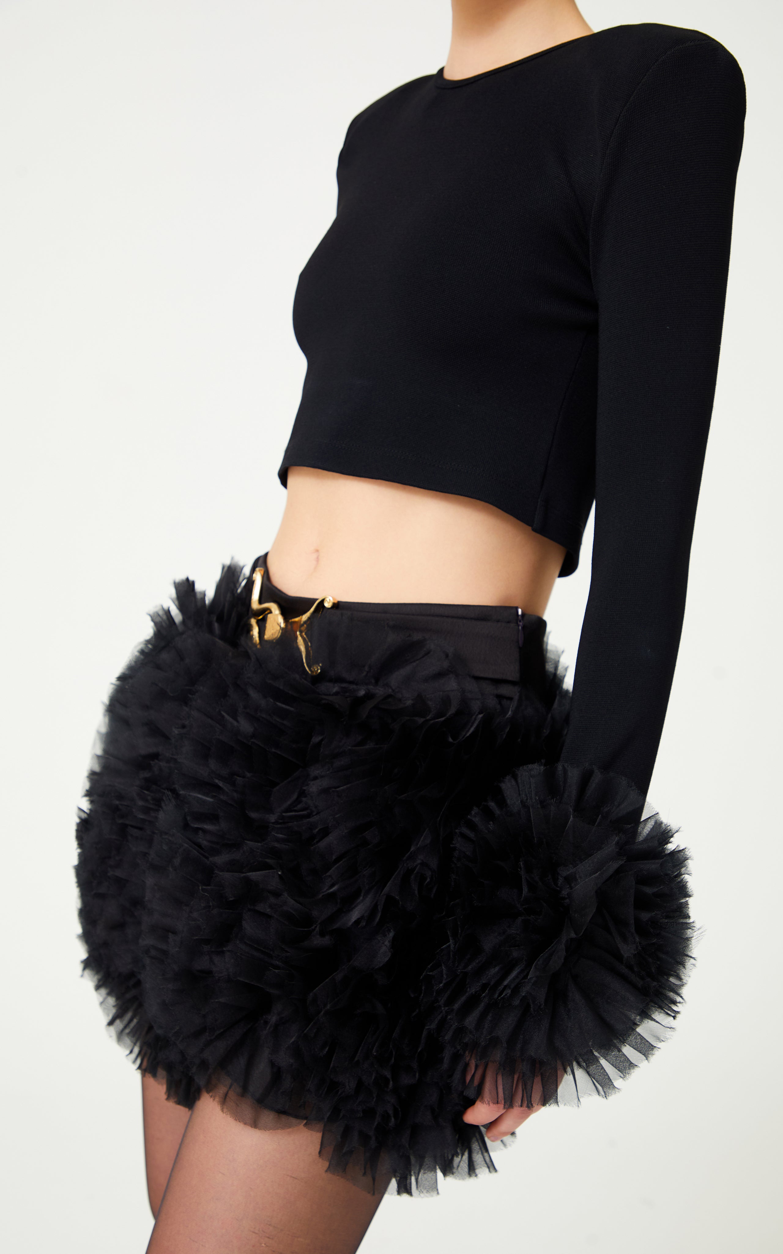 Black Knit Mini Skirt With Organza Puffy Flower Details – RAISA