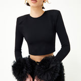 Black Knit Crop Top With Organza Flower Details