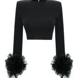 Black Knit Crop Top With Organza Flower Details