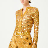 Gold Sequin Embroidered Shirt With Flare Sleeves