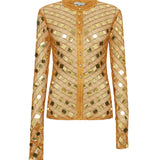 Gold Sequin Embroidered Shirt With Flare Sleeves