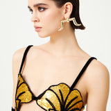 Black Velvet Strappy Gold Flower Shaped Bra