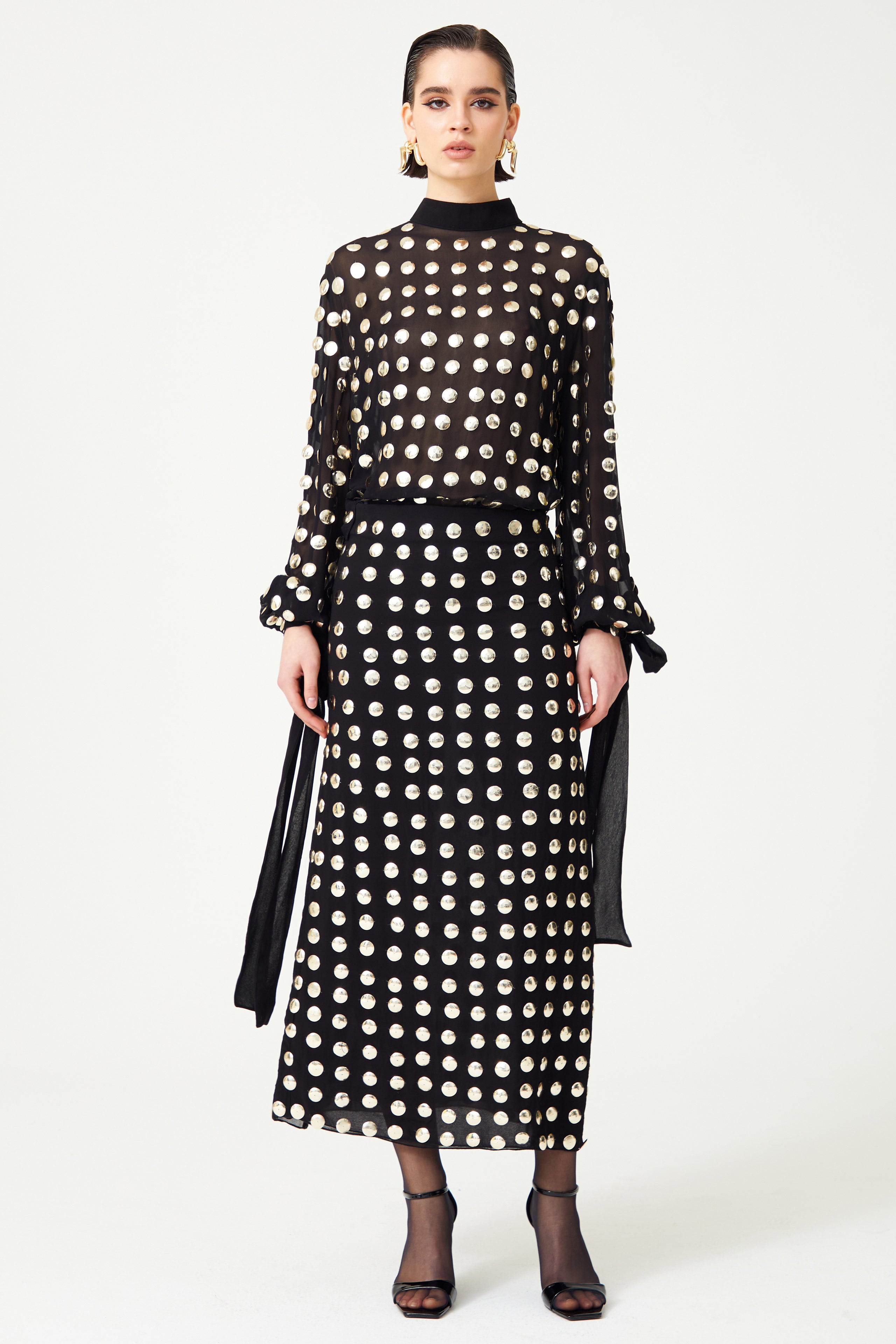 Black Handmade Gold Polka Dot Detailed Silk Chiffon Ankle Length Skirt – RAISA VANESSA INT