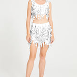 White Beaded Tulle Mini Skirt With Dripping Gold Sequin And Embroidery Details