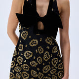 Mini Dress With Leopard Sequin And Silk Velvet Bow Detail