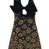 Mini Dress With Leopard Sequin And Silk Velvet Bow Detail