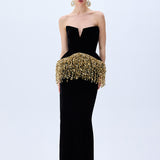Black Silk Velvet Corseted Gown With Gold Pailette Fringes