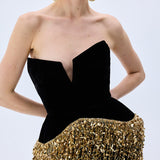 Black Silk Velvet Corseted Gown With Gold Pailette Fringes
