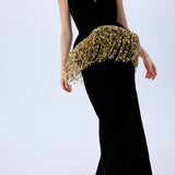Black Silk Velvet Corseted Gown With Gold Pailette Fringes