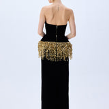 Black Silk Velvet Corseted Gown With Gold Pailette Fringes