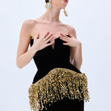 Black Silk Velvet Corseted Gown With Gold Pailette Fringes