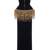 Black Silk Velvet Corseted Gown With Gold Pailette Fringes