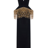 Black Silk Velvet Corseted Gown With Gold Pailette Fringes