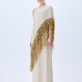 Beige Crepe Chiffon One Shouldered Dress With Gold Pailette Fringes