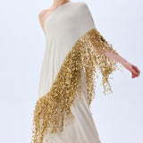 Beige Crepe Chiffon One Shouldered Dress With Gold Pailette Fringes