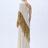 Beige Crepe Chiffon One Shouldered Dress With Gold Pailette Fringes