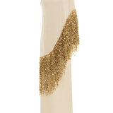 Beige Crepe Chiffon One Shouldered Dress With Gold Pailette Fringes