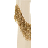 Beige Crepe Chiffon One Shouldered Dress With Gold Pailette Fringes