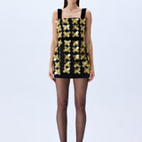 3D Gold Flower Embellished Mini Dress With Black Velvet Detail