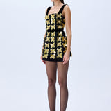 3D Gold Flower Embellished Mini Dress With Black Velvet Detail