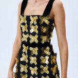 3D Gold Flower Embellished Mini Dress With Black Velvet Detail