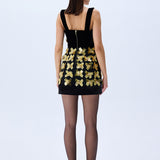 3D Gold Flower Embellished Mini Dress With Black Velvet Detail