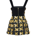 3D Gold Flower Embellished Mini Dress With Black Velvet Detail
