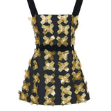 3D Gold Flower Embellished Mini Dress With Black Velvet Detail