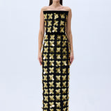 3D Gold Flower Embellished Dress With Black Velvet Detail