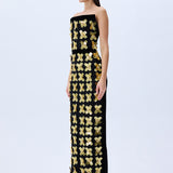 3D Gold Flower Embellished Dress With Black Velvet Detail