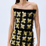 3D Gold Flower Embellished Dress With Black Velvet Detail