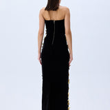 3D Gold Flower Embellished Dress With Black Velvet Detail