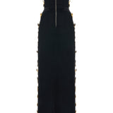 3D Gold Flower Embellished Dress With Black Velvet Detail