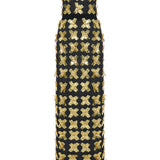 3D Gold Flower Embellished Dress With Black Velvet Detail